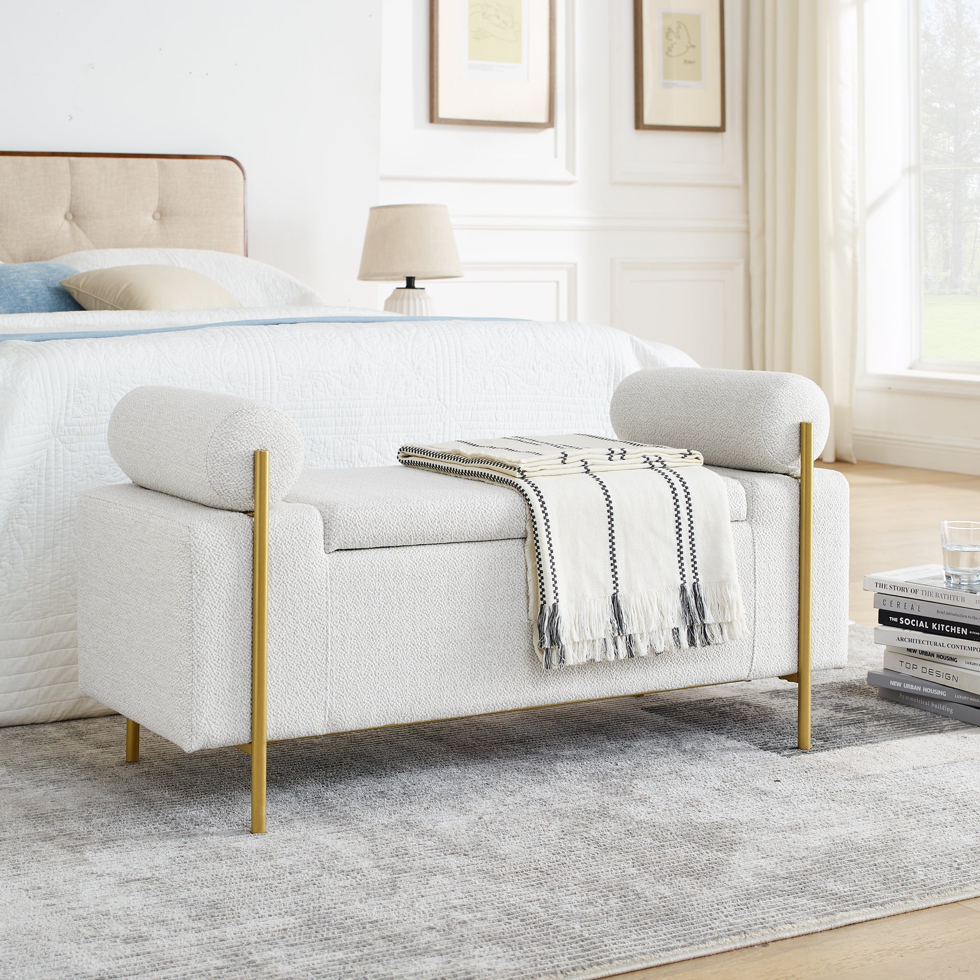 Walker Edison | Minimalist Upholstered Linen Storage Bench